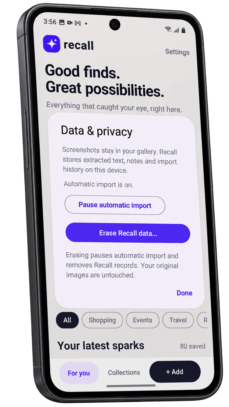 Recall app Data & privacy screen on a smartphone